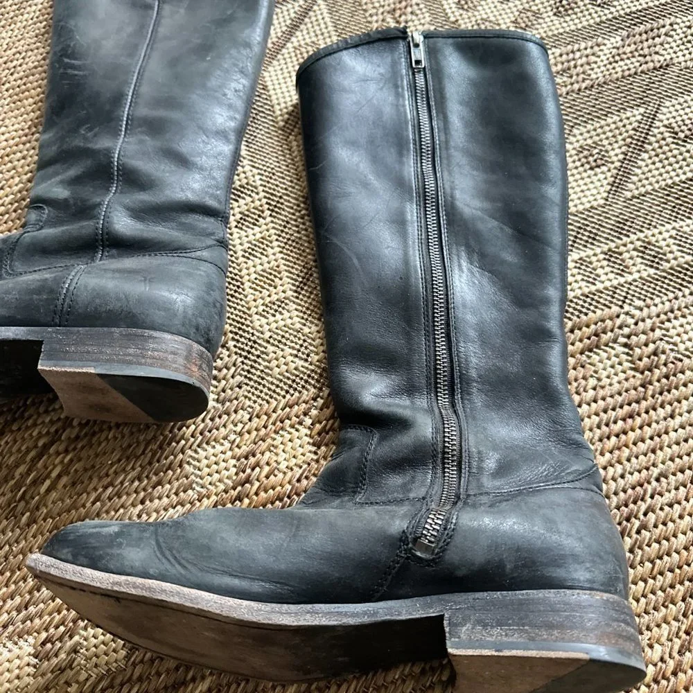 black leather FRYE Tall Riding Boots with side zipper, 7 - Picture 7 of 16